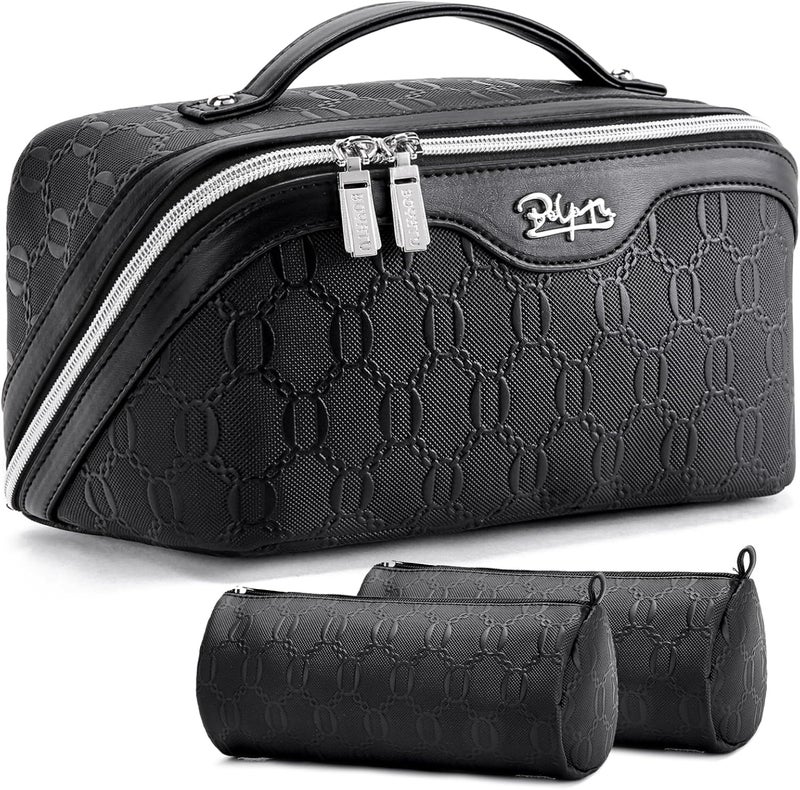 BOYATU Travel Makeup Bag for Women: Cosmetic Organizer Bag with Compartments - Leather Make up Bags Set of 3 (G-4-Black) - Image 1